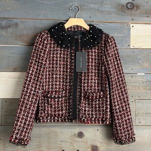 Zara Bloggers Favorite Tweed Frayed Jewel Collar Blazer Black Red XS